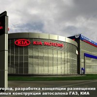 Эскизное оформление рекламными конструкциями автосалона ГАЗ, Kia